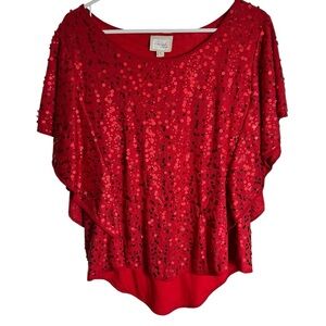 Beige by eci Red Sequin Top Sparkling Shimmery Holiday Glam Ruffled Sleeves XL